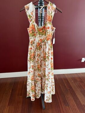 Dex White Maxi Dress with Orange Rose and Olive Green Print
